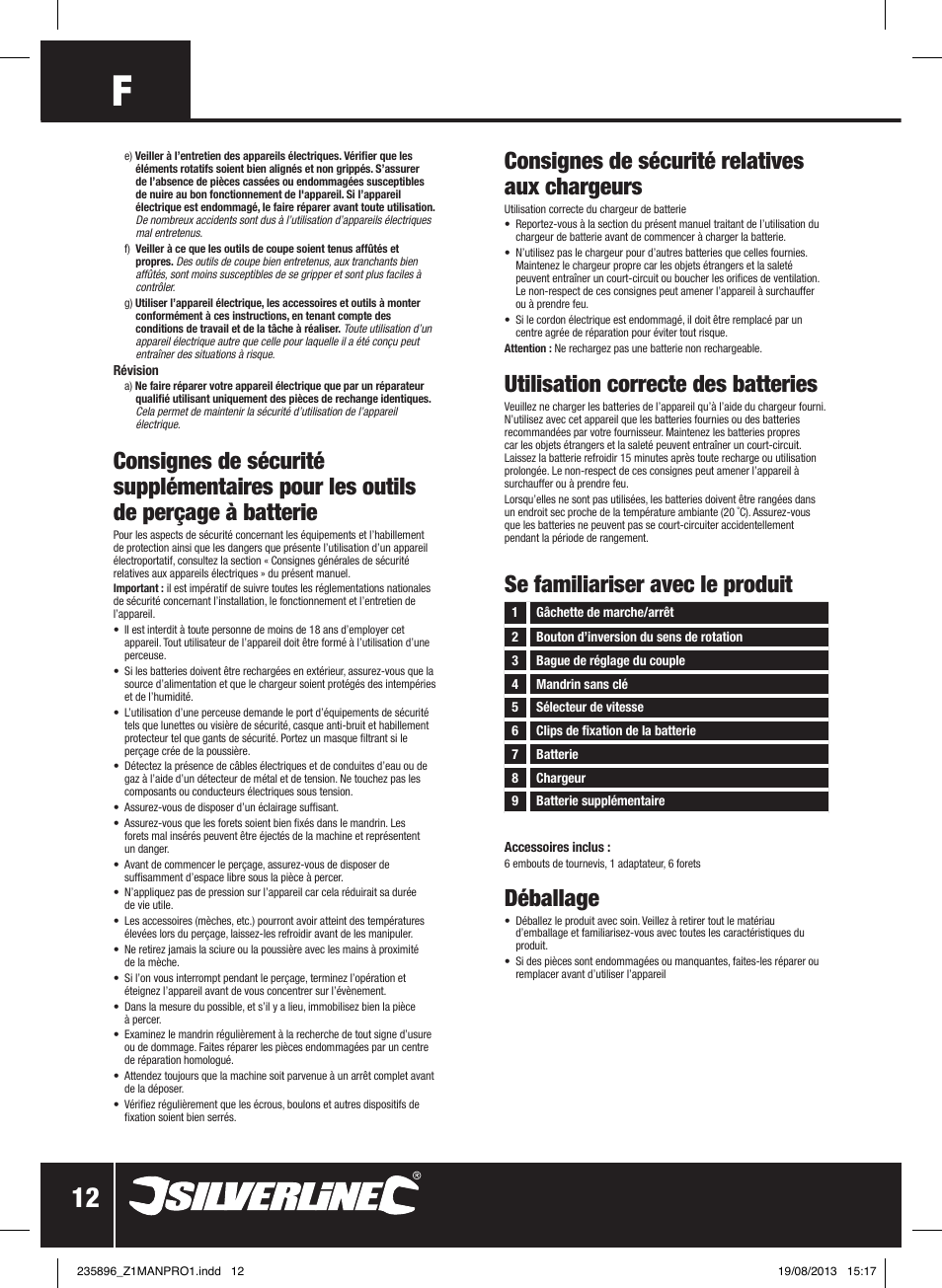 Déballage, Se familiariser avec le produit, Consignes de sécurité relatives aux chargeurs | Utilisation correcte des batteries | Silverline Combi Hammer Drill 18V User Manual | Page 13 / 40