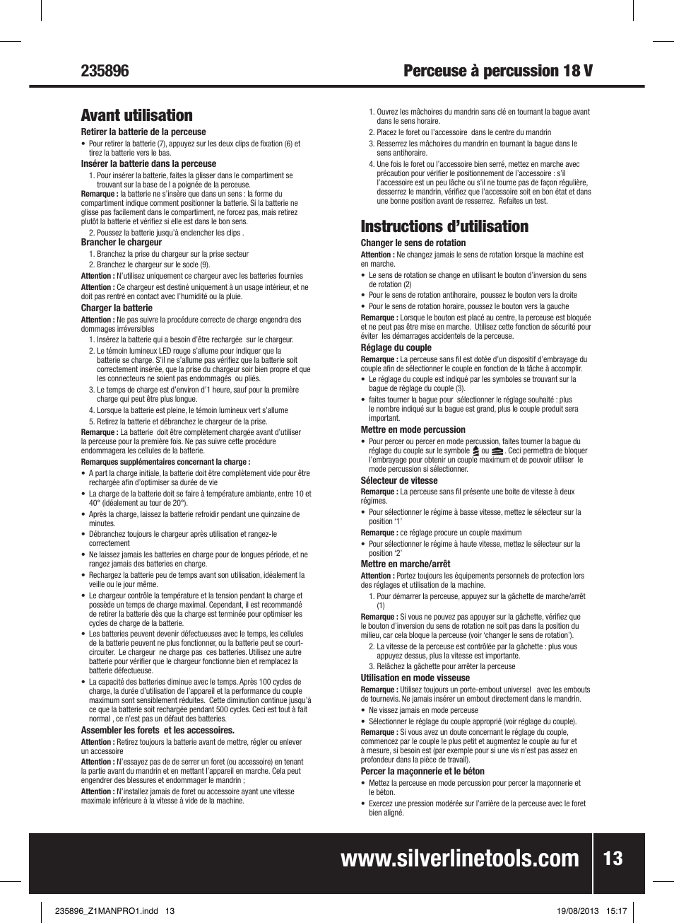 Instructions d’utilisation | Silverline Combi Hammer Drill 18V User Manual | Page 14 / 40