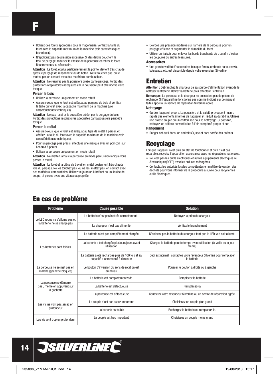 Entretien, Recyclage, En cas de problème | Silverline Combi Hammer Drill 18V User Manual | Page 15 / 40