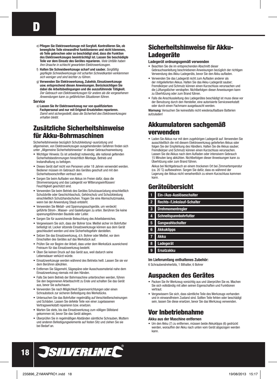 Auspacken des gerätes, Vor inbetriebnahme, Geräteübersicht | Sicherheitshinweise für akku- ladegeräte, Akkumulatoren sachgemäß verwenden | Silverline Combi Hammer Drill 18V User Manual | Page 19 / 40