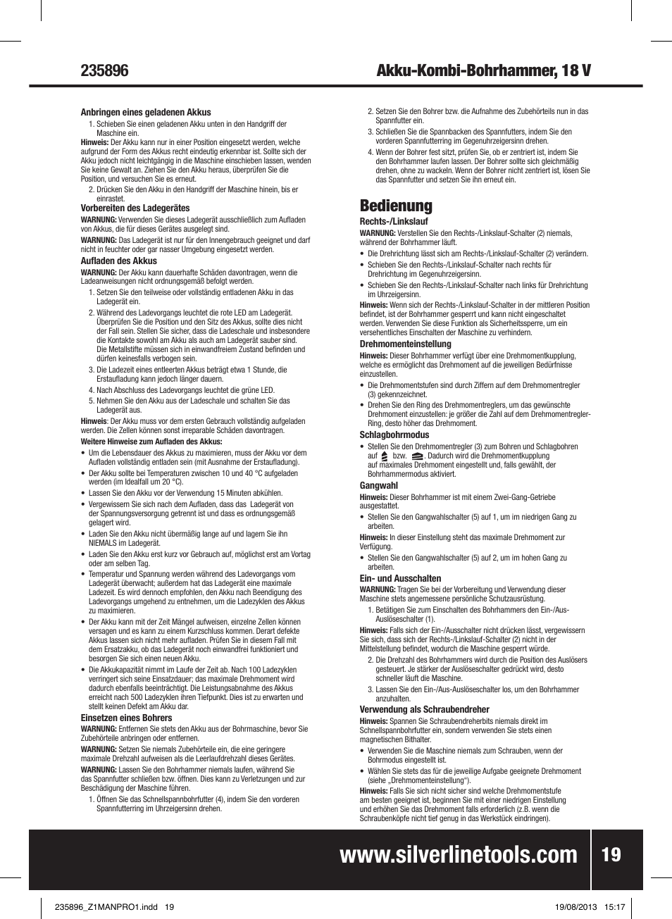 Bedienung | Silverline Combi Hammer Drill 18V User Manual | Page 20 / 40