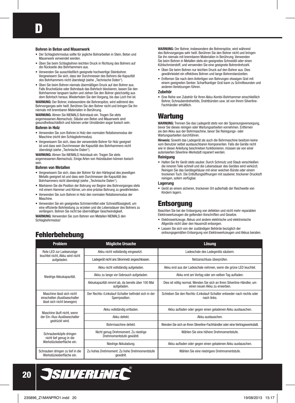 Wartung, Entsorgung, Fehlerbehebung | Silverline Combi Hammer Drill 18V User Manual | Page 21 / 40