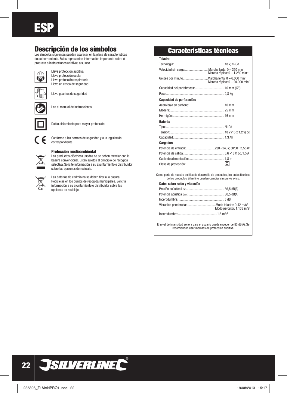 Descripción de los símbolos, Características técnicas | Silverline Combi Hammer Drill 18V User Manual | Page 23 / 40