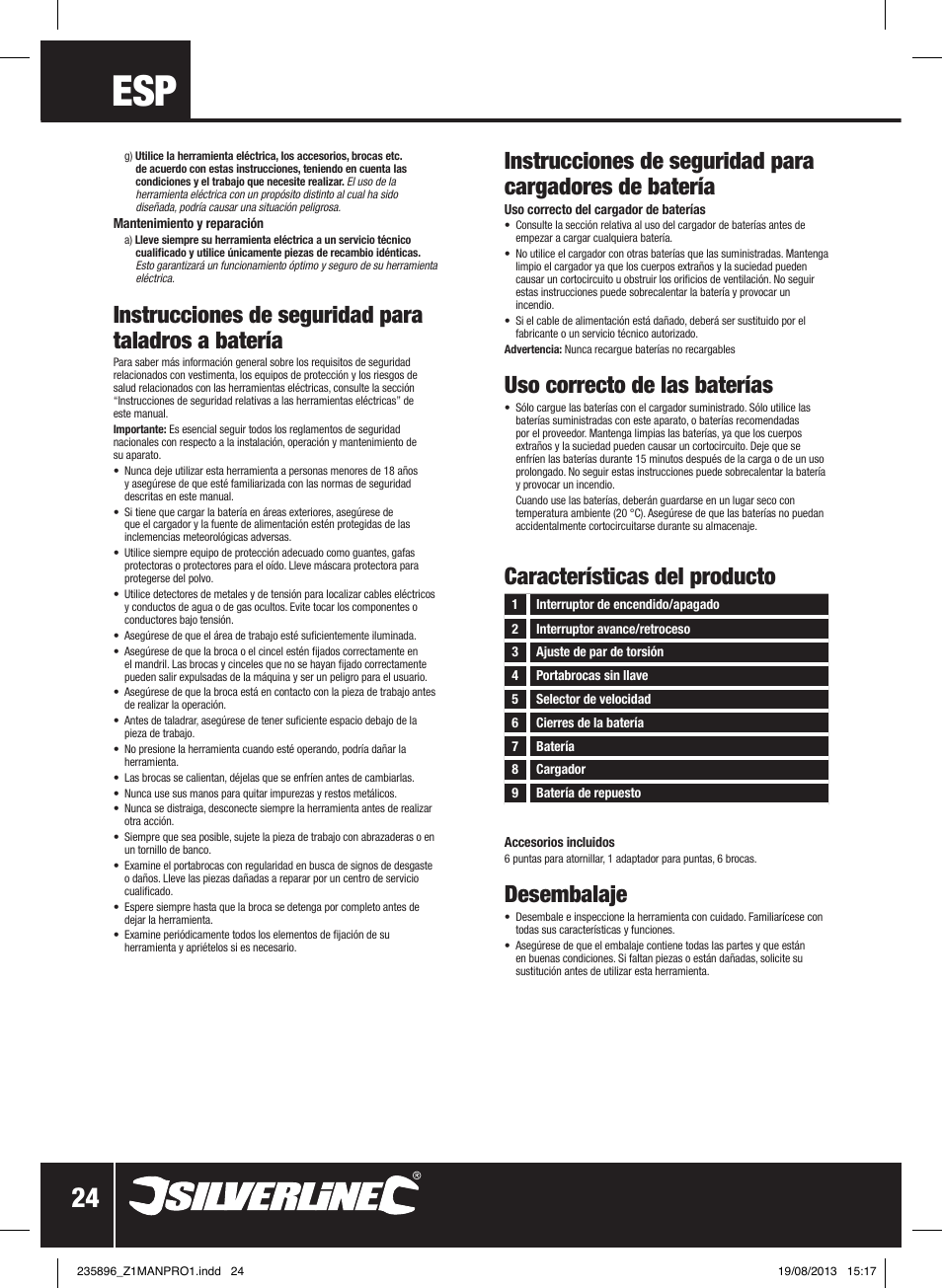 Desembalaje, Instrucciones de seguridad para taladros a batería, Uso correcto de las baterías | Silverline Combi Hammer Drill 18V User Manual | Page 25 / 40