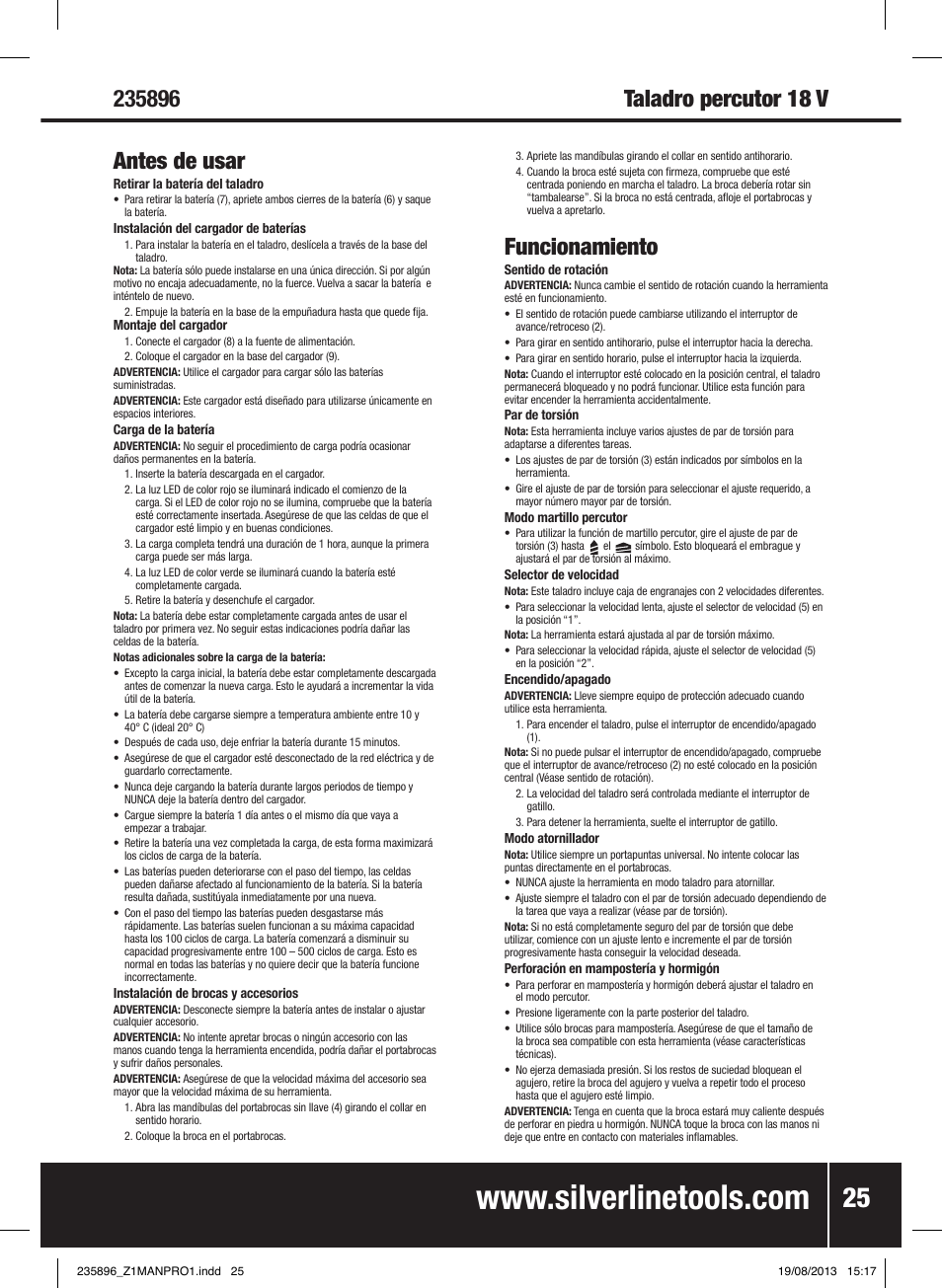 Funcionamiento | Silverline Combi Hammer Drill 18V User Manual | Page 26 / 40