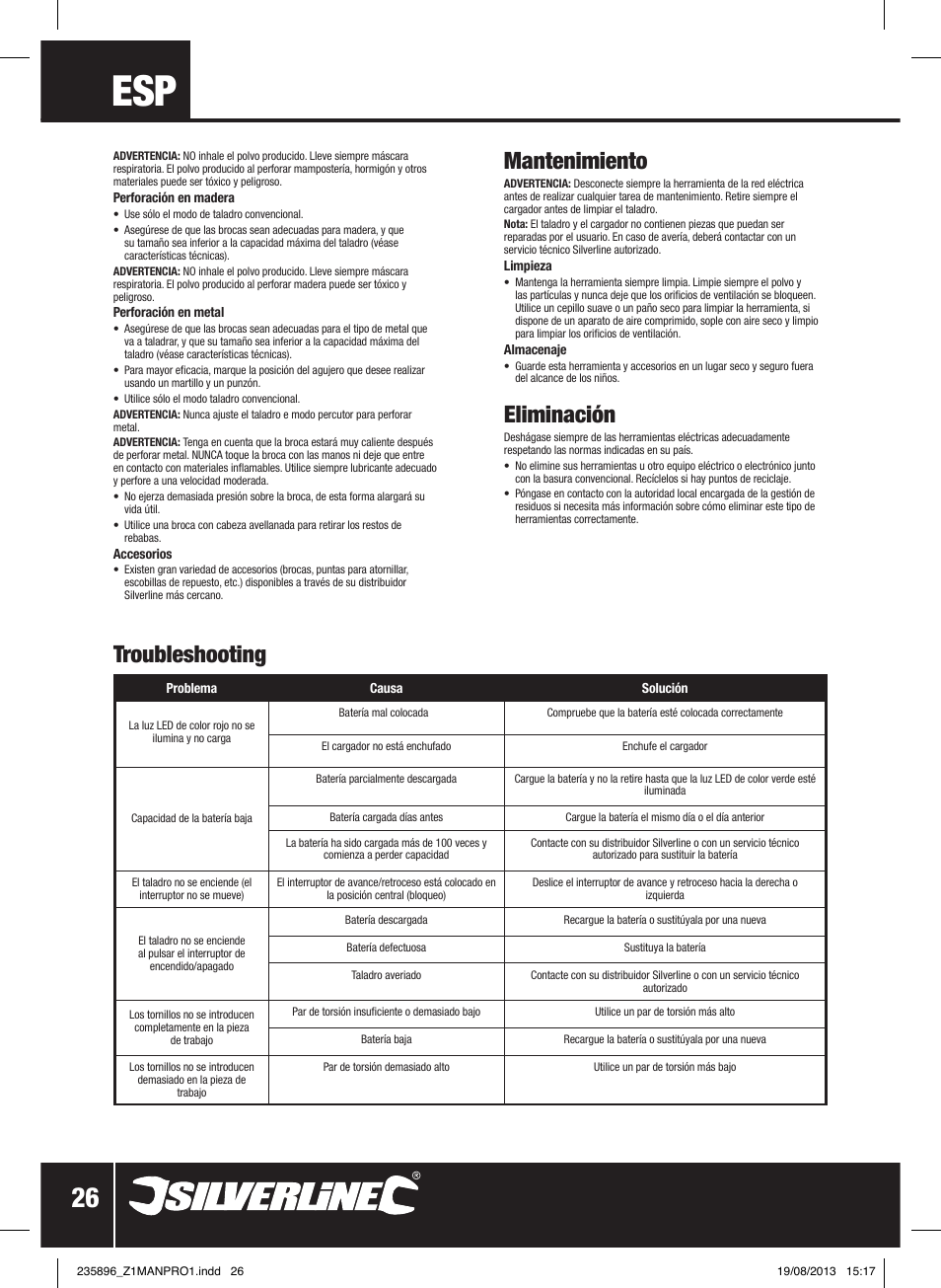 Mantenimiento, Eliminación, Troubleshooting | Silverline Combi Hammer Drill 18V User Manual | Page 27 / 40