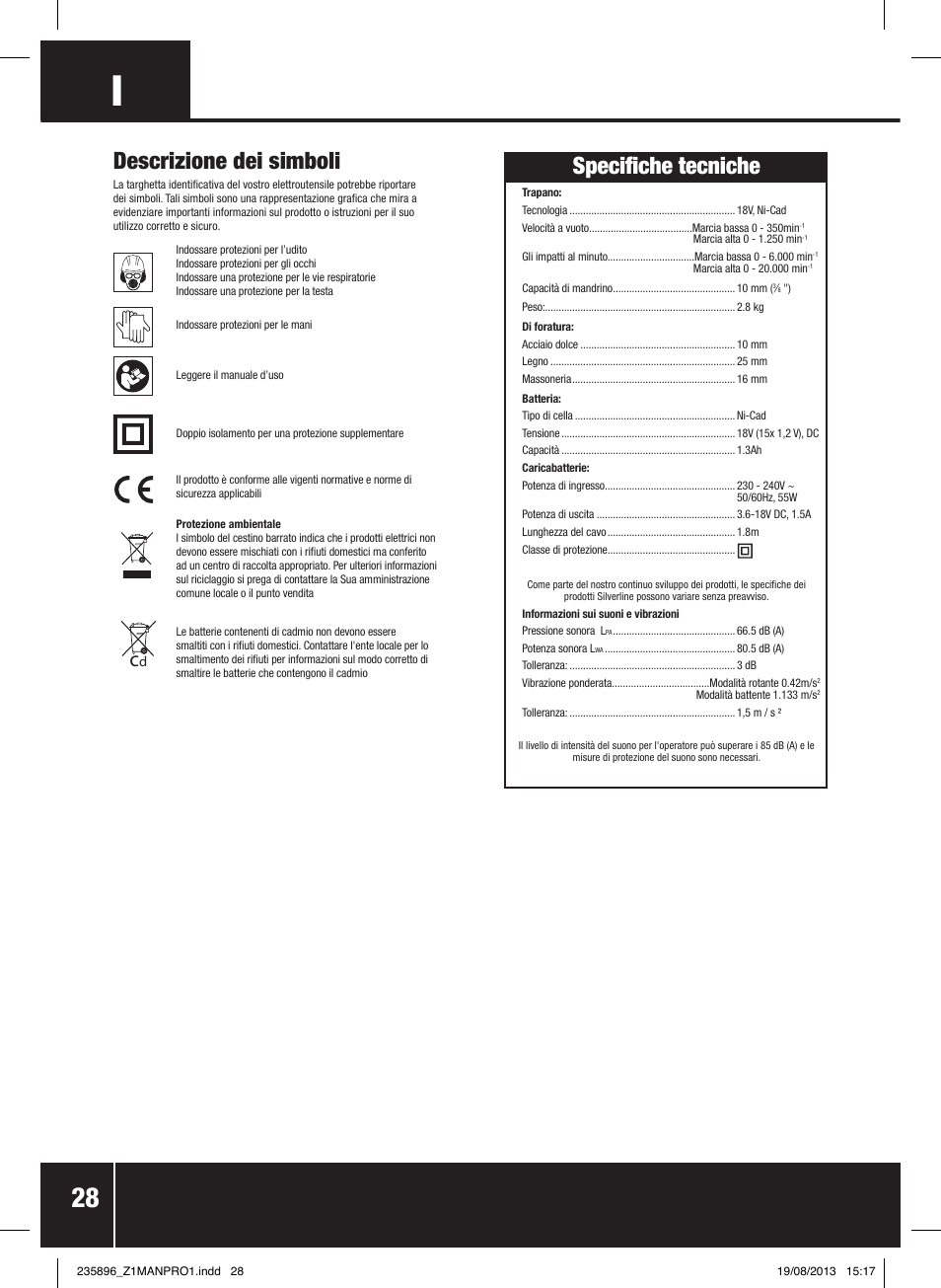 Descrizione dei simboli, Specifiche tecniche | Silverline Combi Hammer Drill 18V User Manual | Page 29 / 40