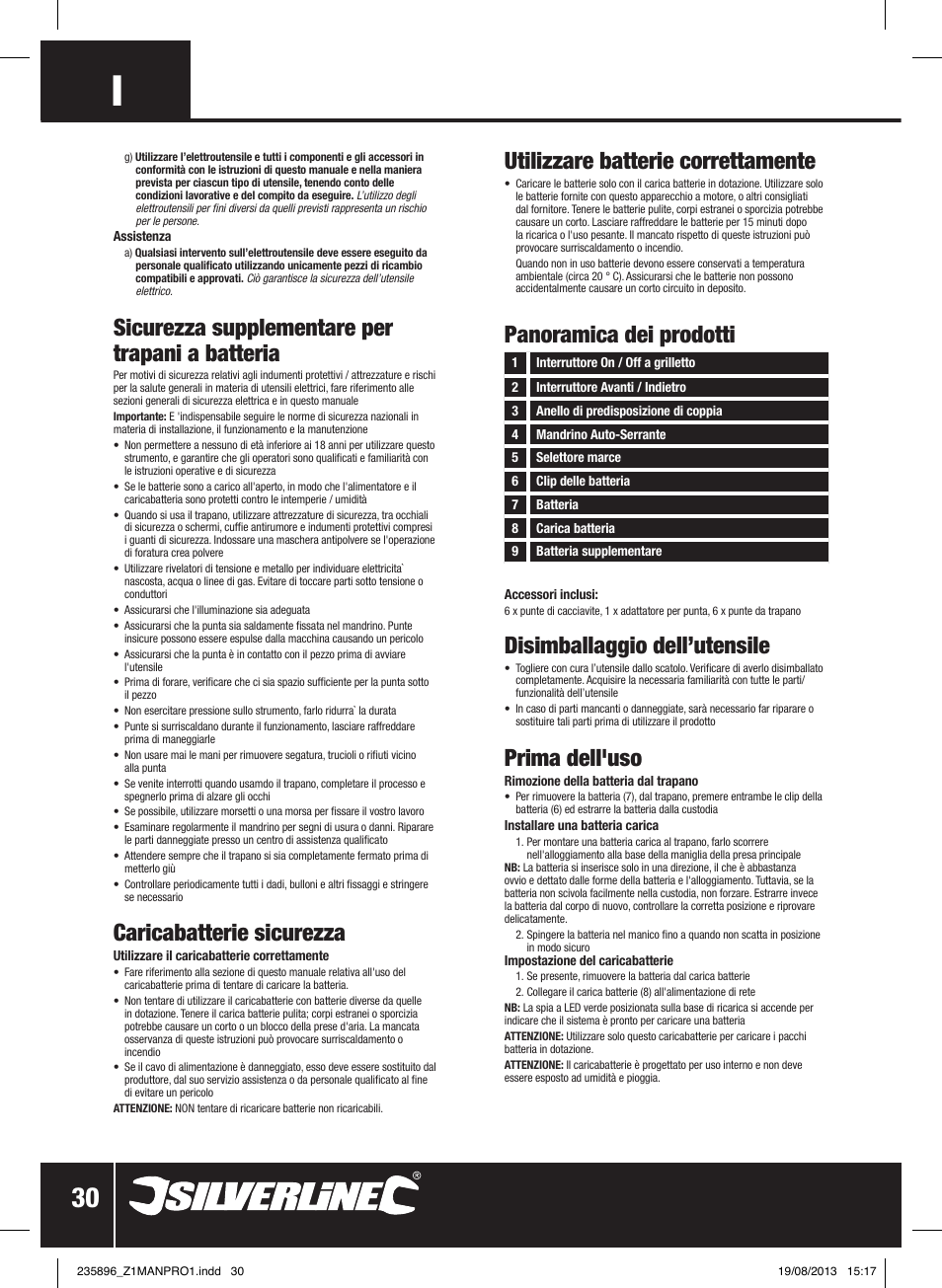 Sicurezza supplementare per trapani a batteria, Caricabatterie sicurezza, Disimballaggio dell’utensile | Prima dell'uso | Silverline Combi Hammer Drill 18V User Manual | Page 31 / 40