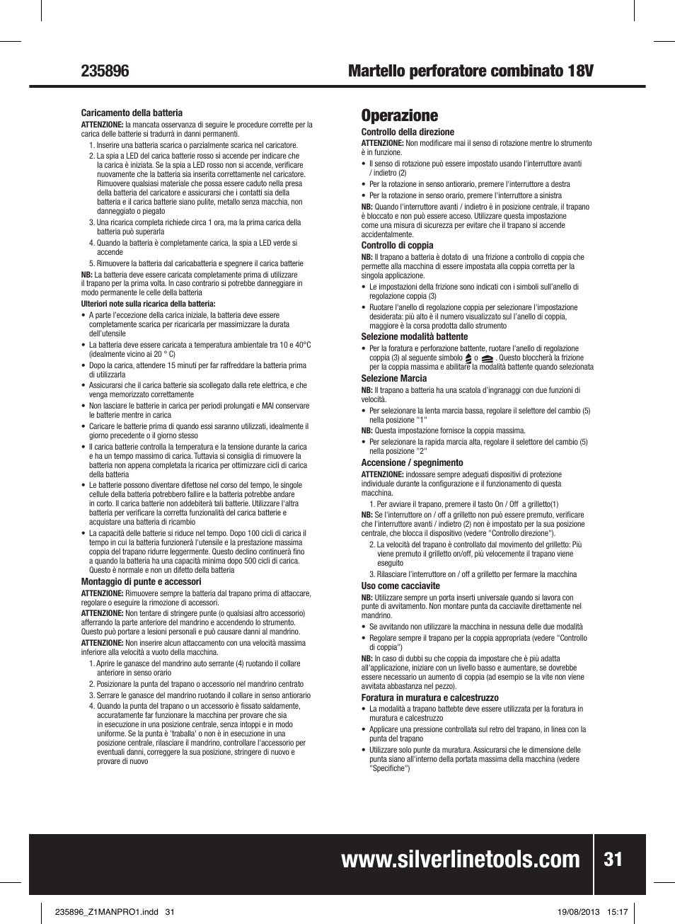 Operazione | Silverline Combi Hammer Drill 18V User Manual | Page 32 / 40