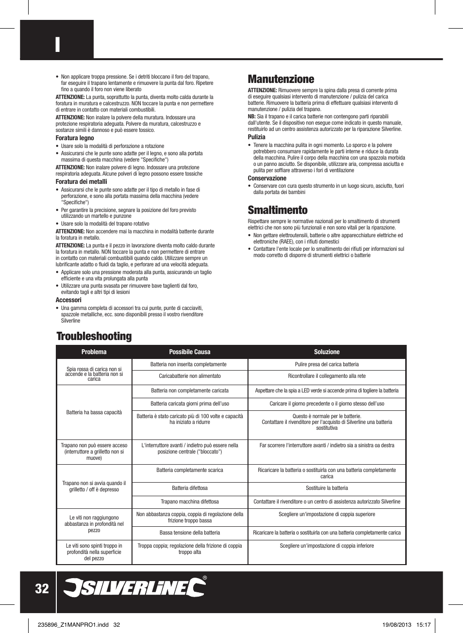 Manutenzione, Smaltimento, Troubleshooting | Silverline Combi Hammer Drill 18V User Manual | Page 33 / 40