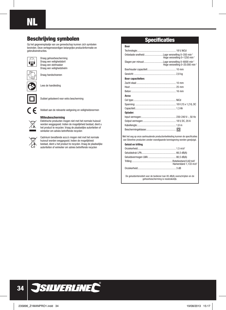 Beschrijving symbolen, Specificaties | Silverline Combi Hammer Drill 18V User Manual | Page 35 / 40