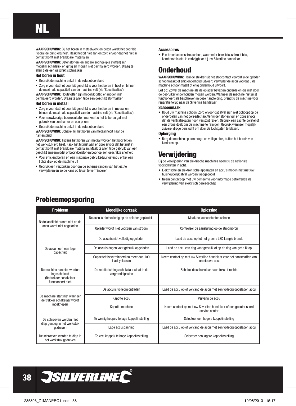 Onderhoud, Verwijdering, Probleemopsporing | Silverline Combi Hammer Drill 18V User Manual | Page 39 / 40
