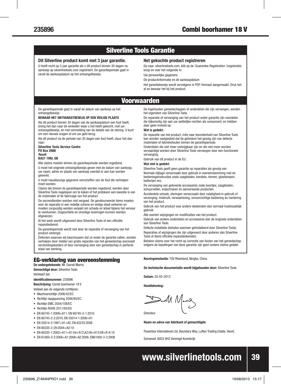 Voorwaarden silverline tools garantie, Eg-verklaring van overeenstemming | Silverline Combi Hammer Drill 18V User Manual | Page 40 / 40