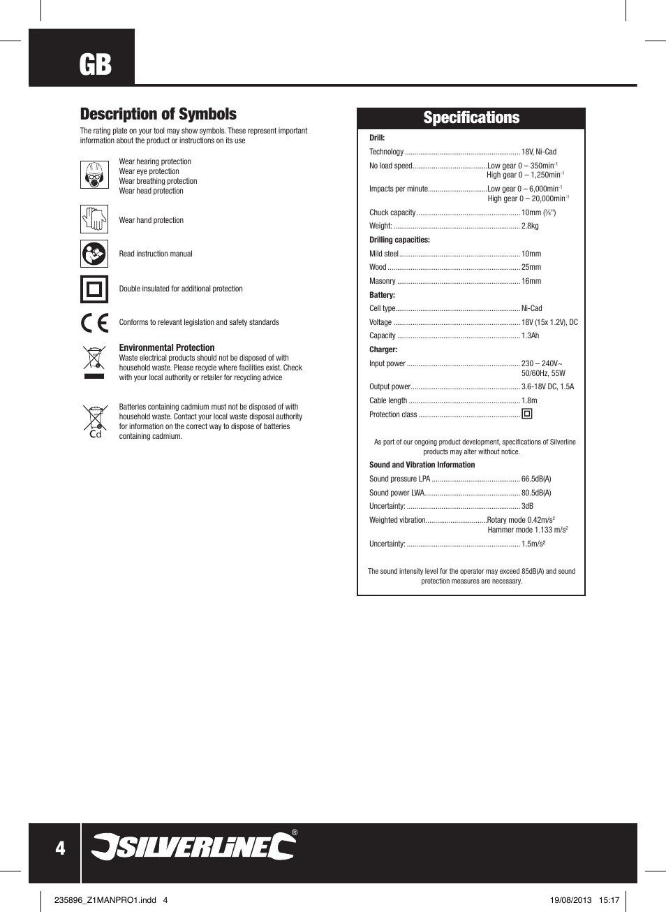 Description of symbols, Specifications | Silverline Combi Hammer Drill 18V User Manual | Page 5 / 40