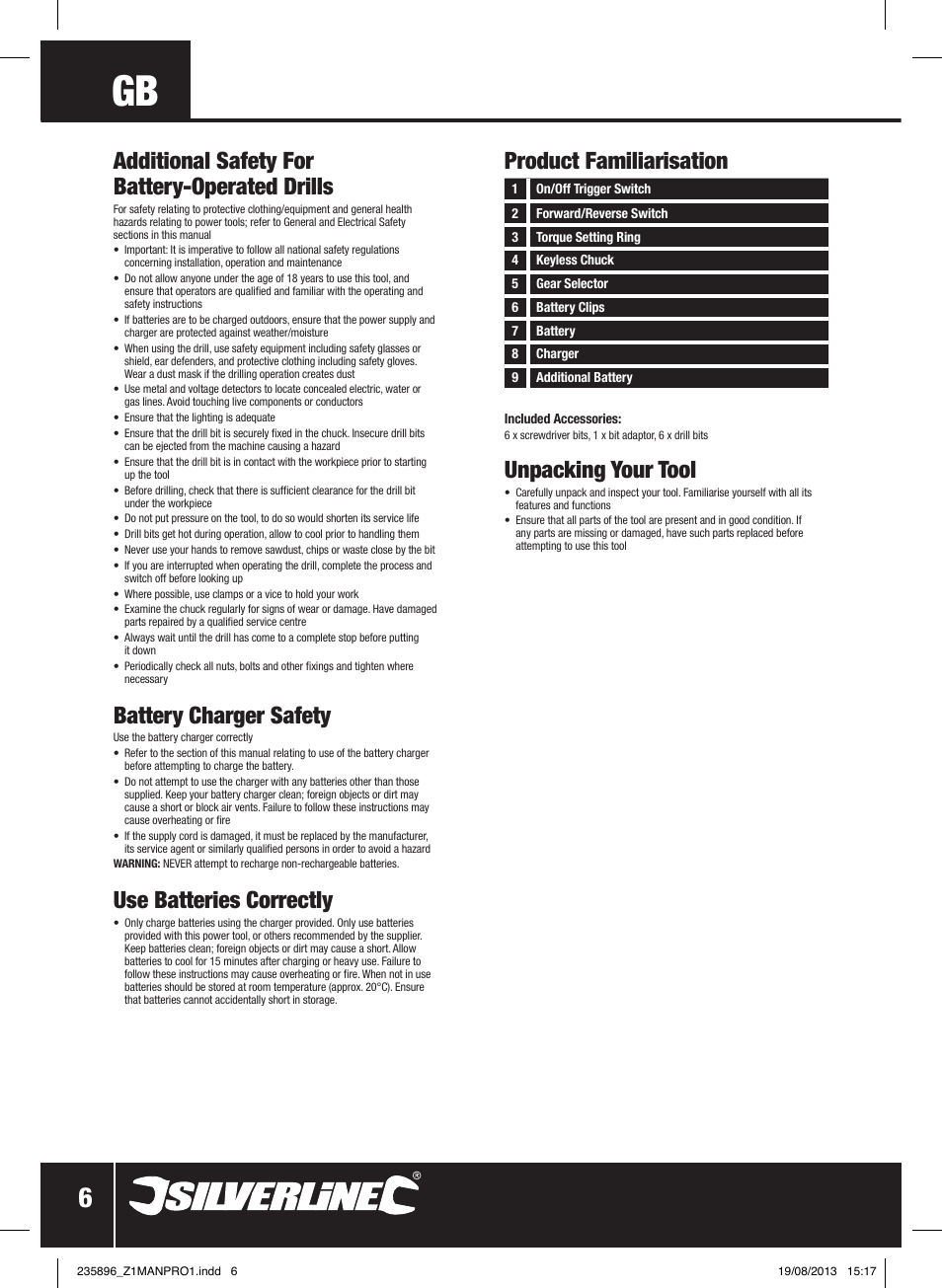 Unpacking your tool, Battery charger safety, Use batteries correctly | Silverline Combi Hammer Drill 18V User Manual | Page 7 / 40