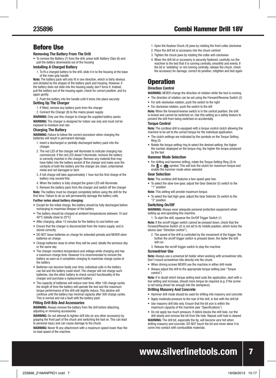 Operation | Silverline Combi Hammer Drill 18V User Manual | Page 8 / 40