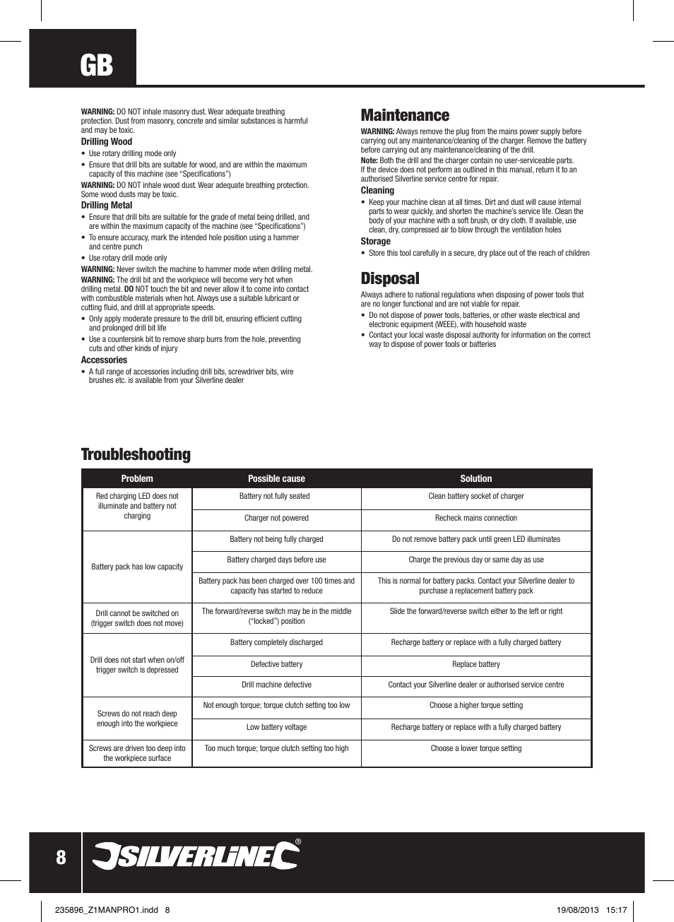 Troubleshooting, Maintenance, Disposal | Silverline Combi Hammer Drill 18V User Manual | Page 9 / 40