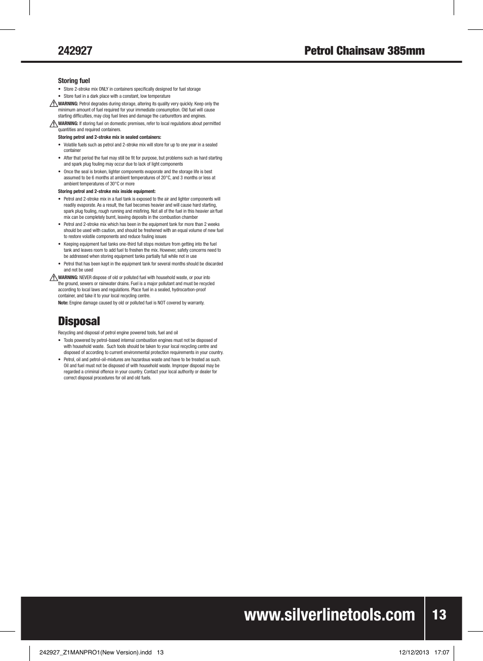 Disposal | Silverline 45cc Petrol Chainsaw User Manual | Page 14 / 76