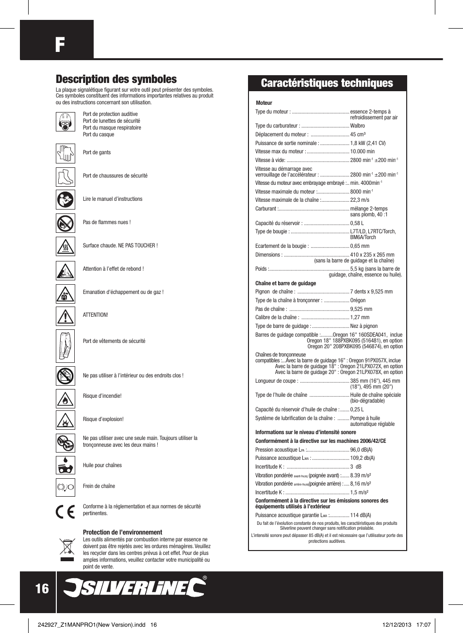 Description des symboles, Caractéristiques techniques | Silverline 45cc Petrol Chainsaw User Manual | Page 17 / 76