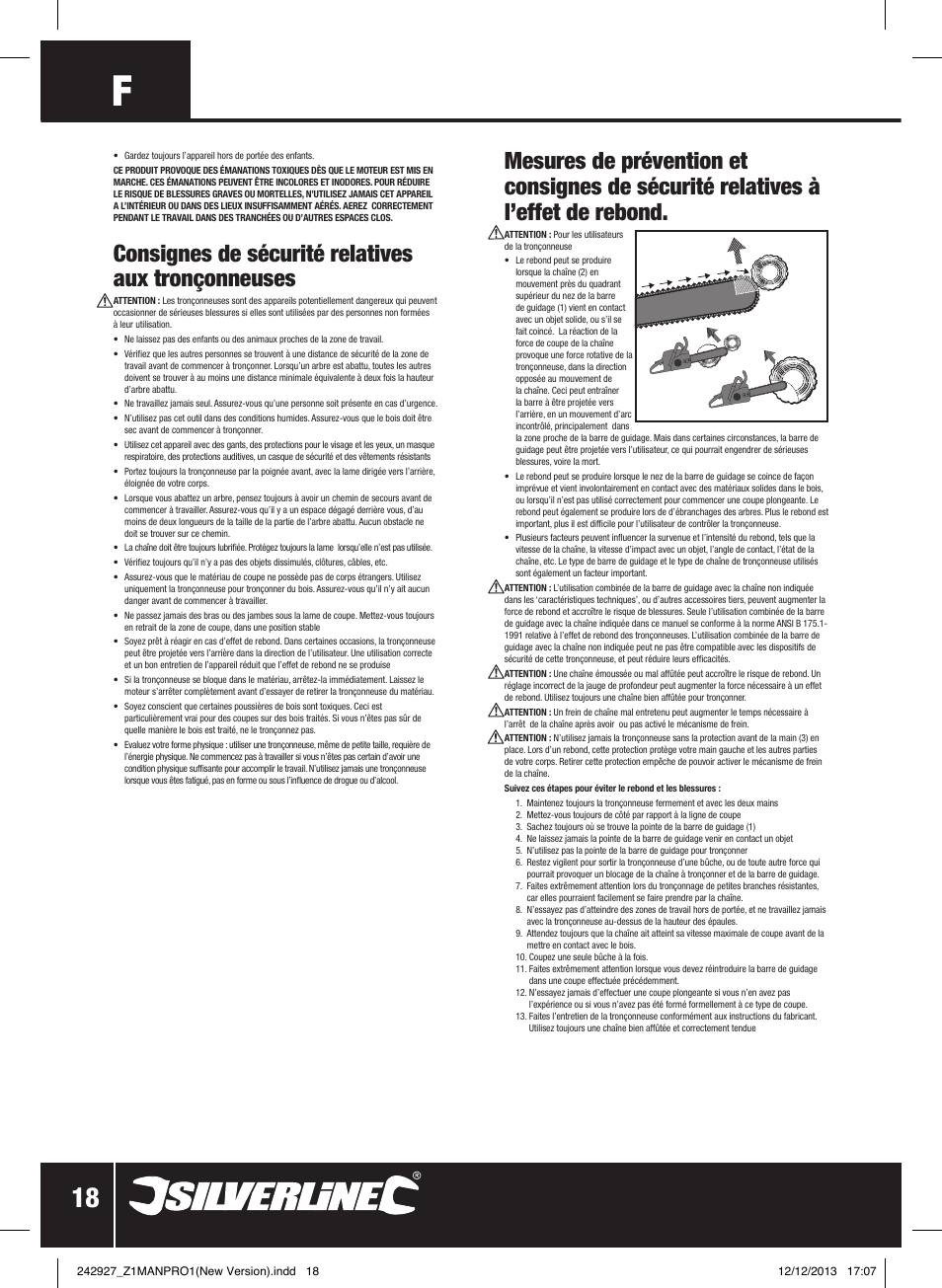 Consignes de sécurité relatives aux tronçonneuses | Silverline 45cc Petrol Chainsaw User Manual | Page 19 / 76