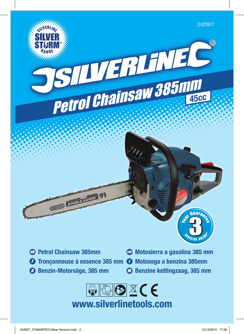 Petrol chainsaw 385mm, 45cc | Silverline 45cc Petrol Chainsaw User Manual | Page 2 / 76