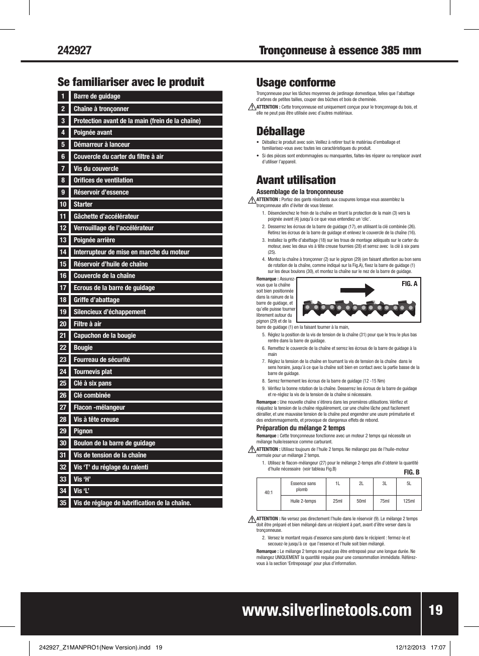Déballage, Avant utilisation, Se familiariser avec le produit | Silverline 45cc Petrol Chainsaw User Manual | Page 20 / 76