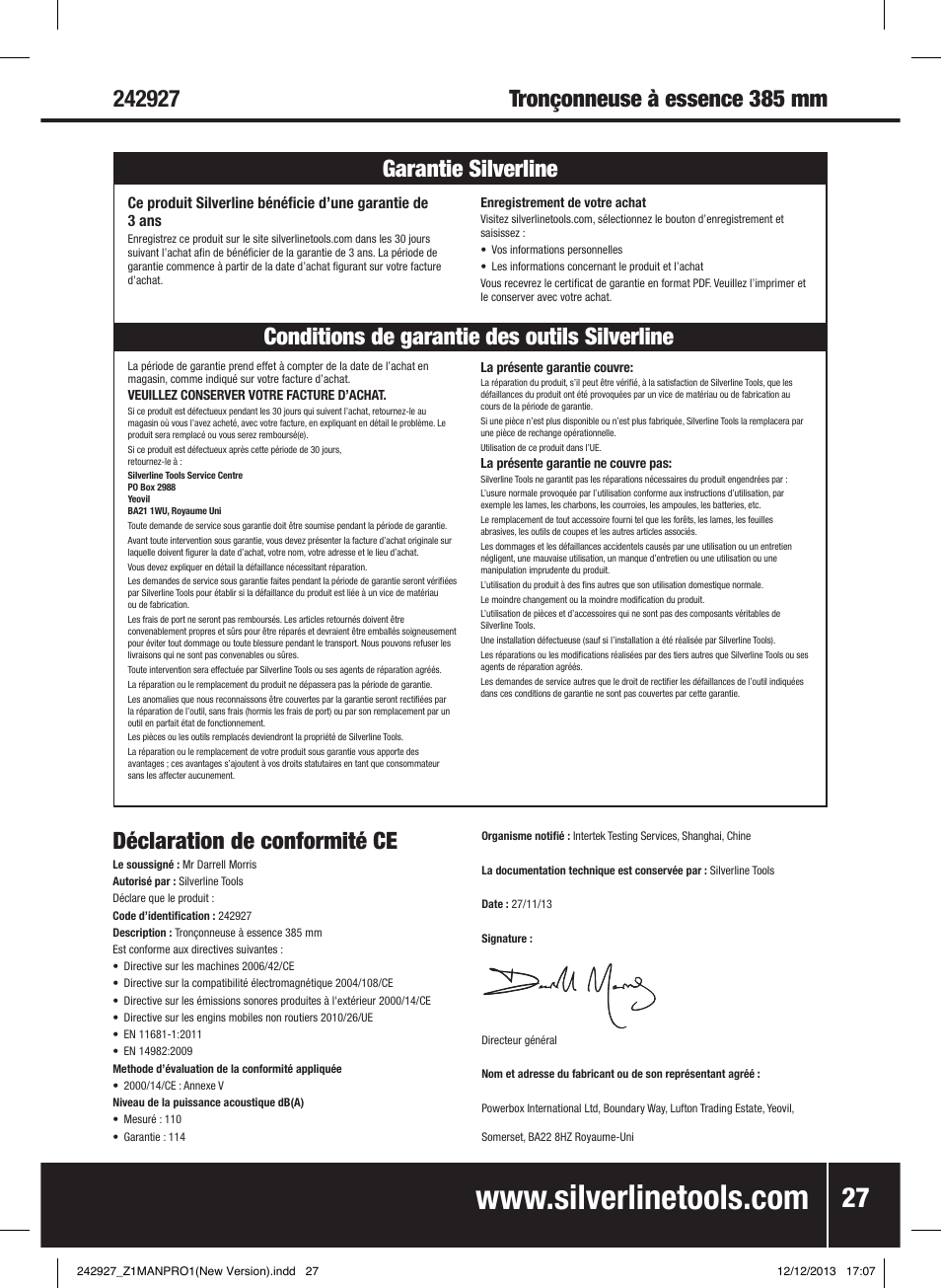 Déclaration de conformité ce | Silverline 45cc Petrol Chainsaw User Manual | Page 28 / 76