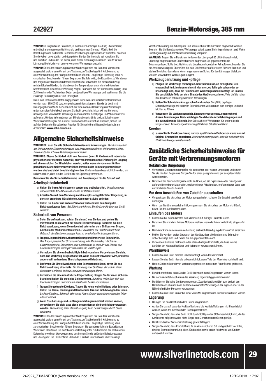 Allgemeine sicherheitshinweise | Silverline 45cc Petrol Chainsaw User Manual | Page 30 / 76