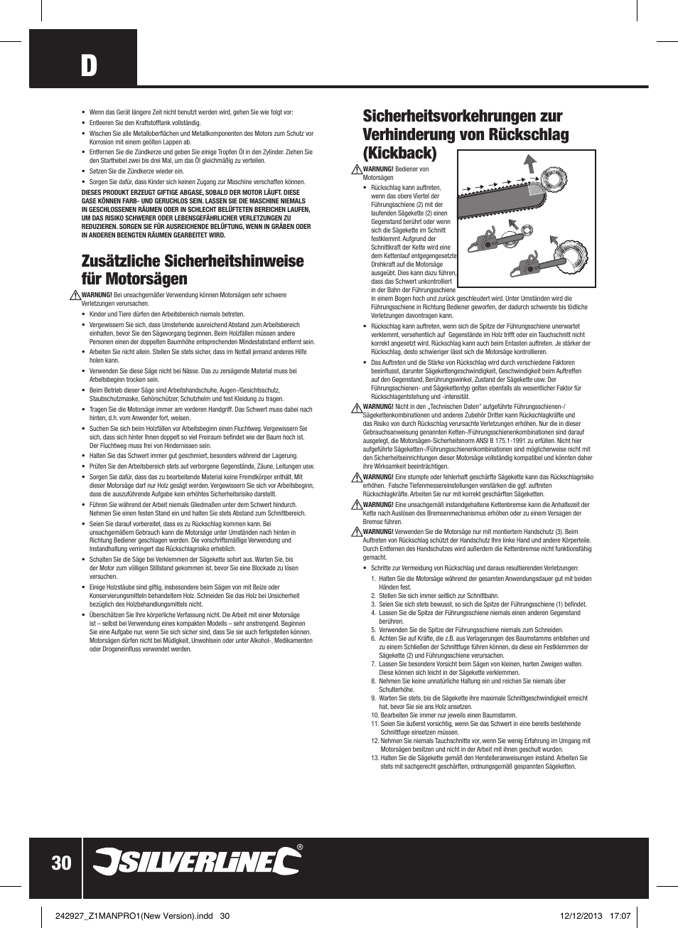 Zusätzliche sicherheitshinweise für motorsägen | Silverline 45cc Petrol Chainsaw User Manual | Page 31 / 76