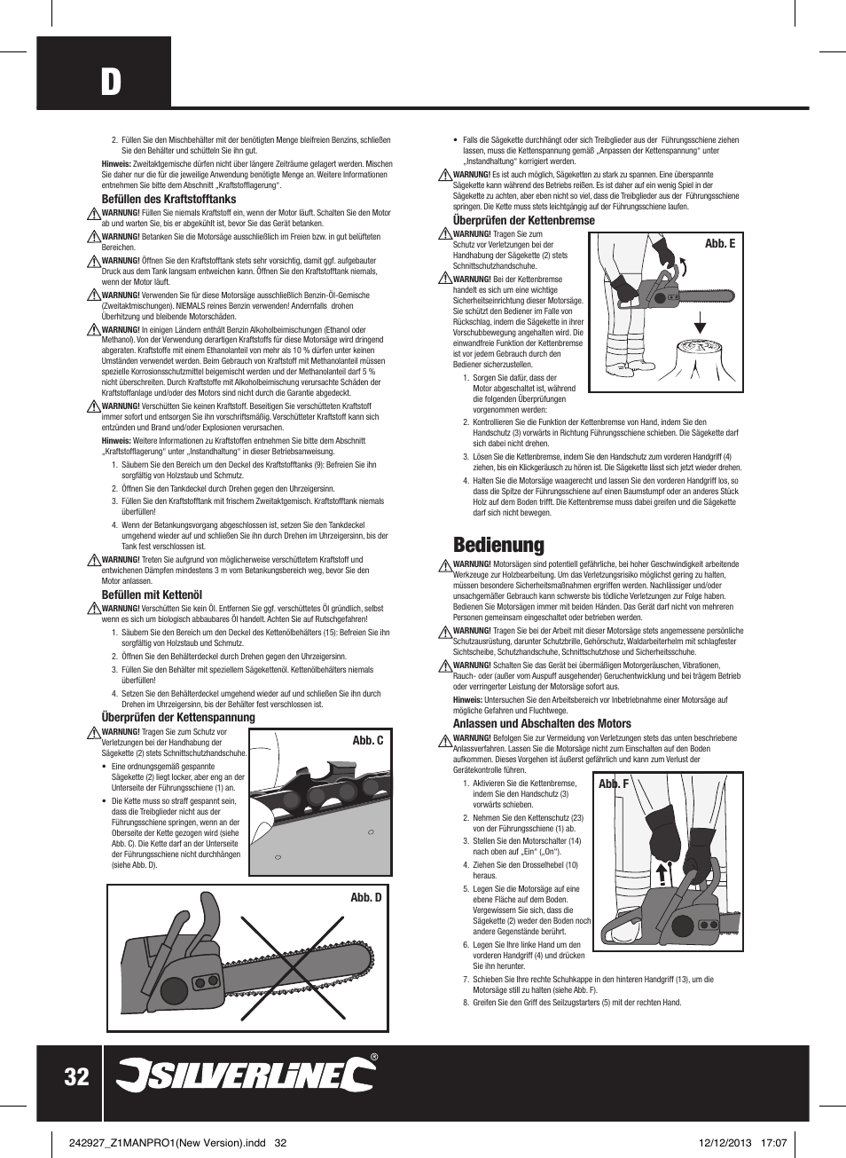 Bedienung | Silverline 45cc Petrol Chainsaw User Manual | Page 33 / 76