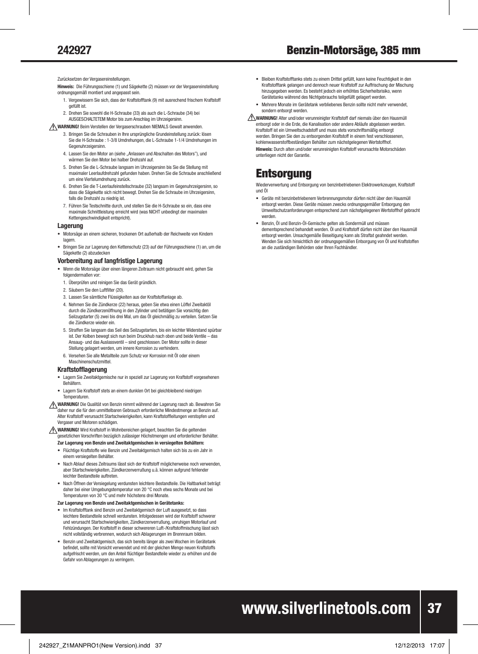 Entsorgung | Silverline 45cc Petrol Chainsaw User Manual | Page 38 / 76