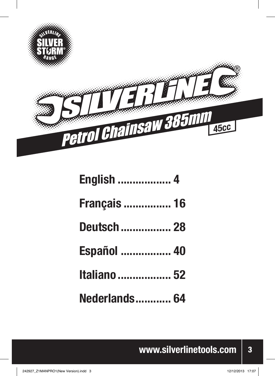 Petrol chainsaw 385mm | Silverline 45cc Petrol Chainsaw User Manual | Page 4 / 76