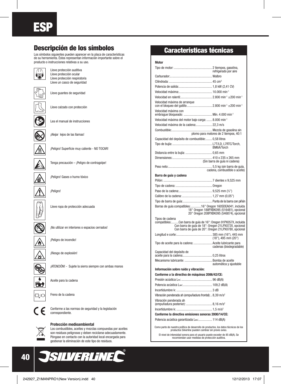 Descripción de los símbolos, Características técnicas | Silverline 45cc Petrol Chainsaw User Manual | Page 41 / 76