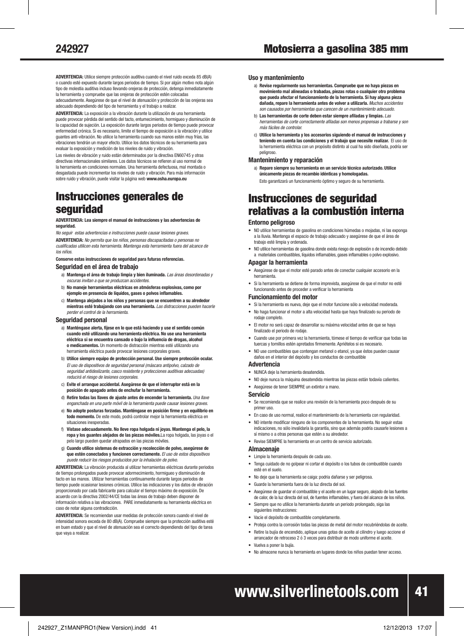 Instrucciones generales de seguridad | Silverline 45cc Petrol Chainsaw User Manual | Page 42 / 76