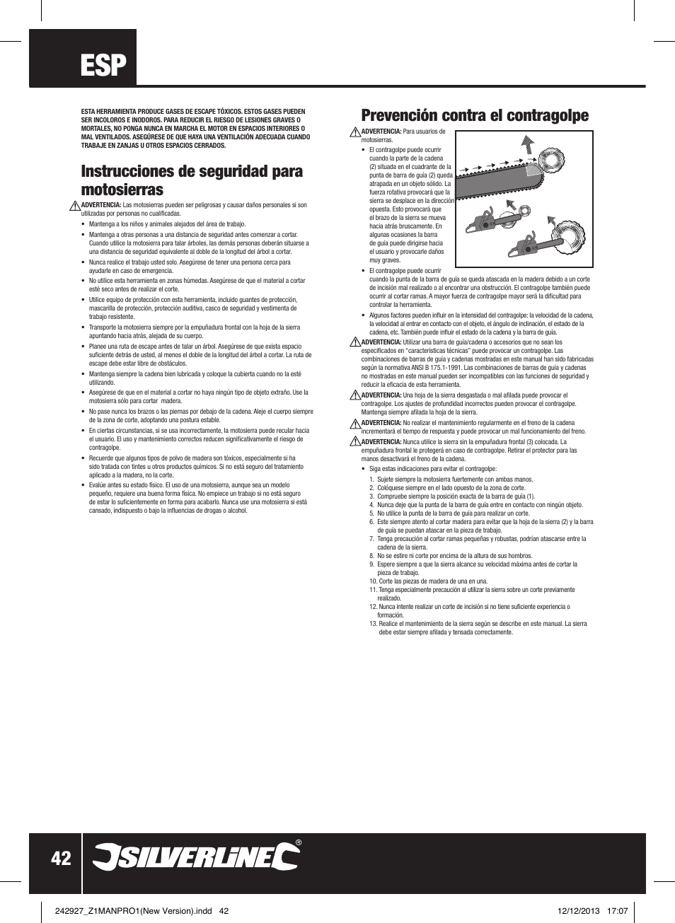 Prevención contra el contragolpe, Instrucciones de seguridad para motosierras | Silverline 45cc Petrol Chainsaw User Manual | Page 43 / 76