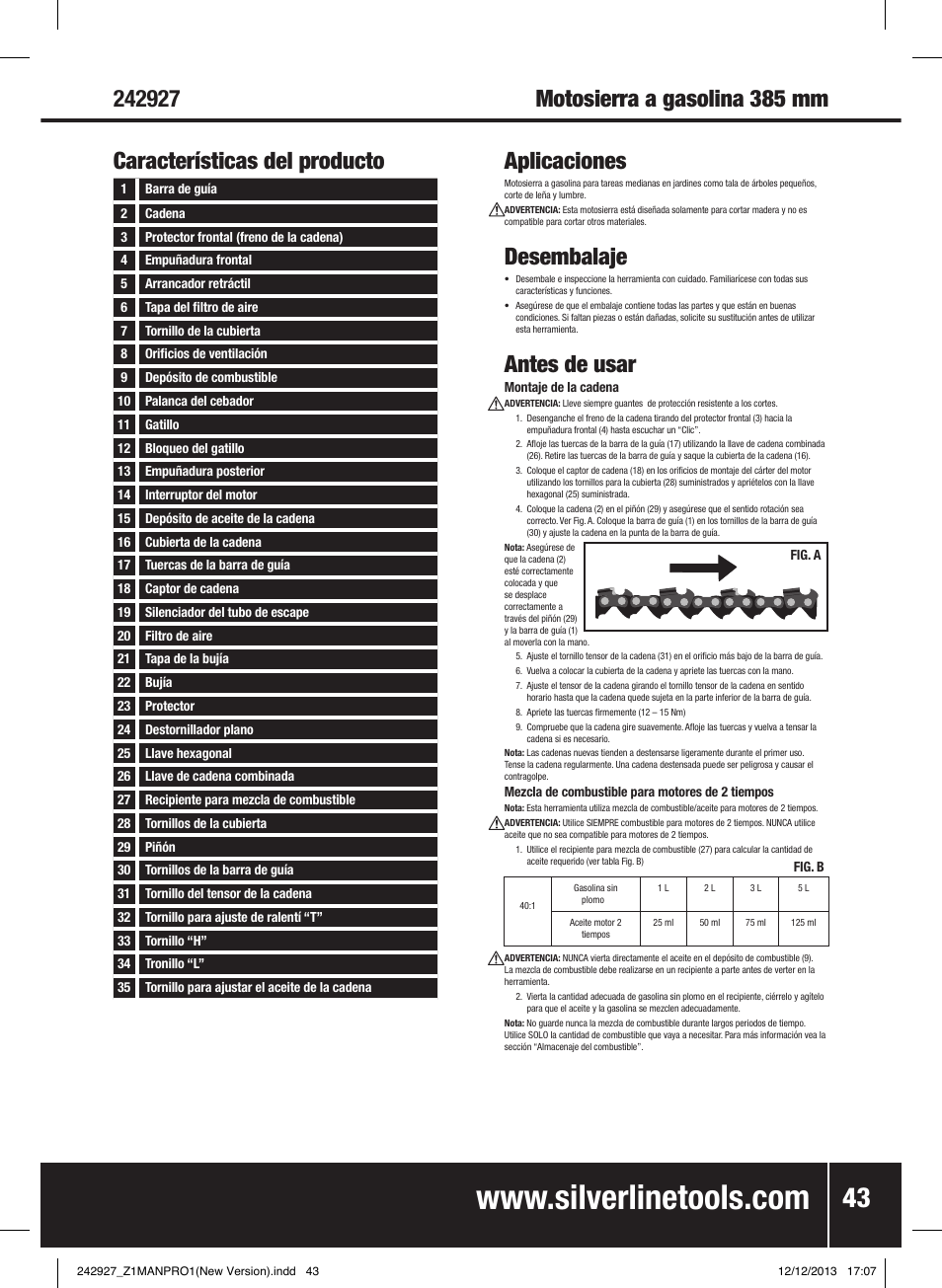 Aplicaciones, Desembalaje, Antes de usar | Características del producto | Silverline 45cc Petrol Chainsaw User Manual | Page 44 / 76