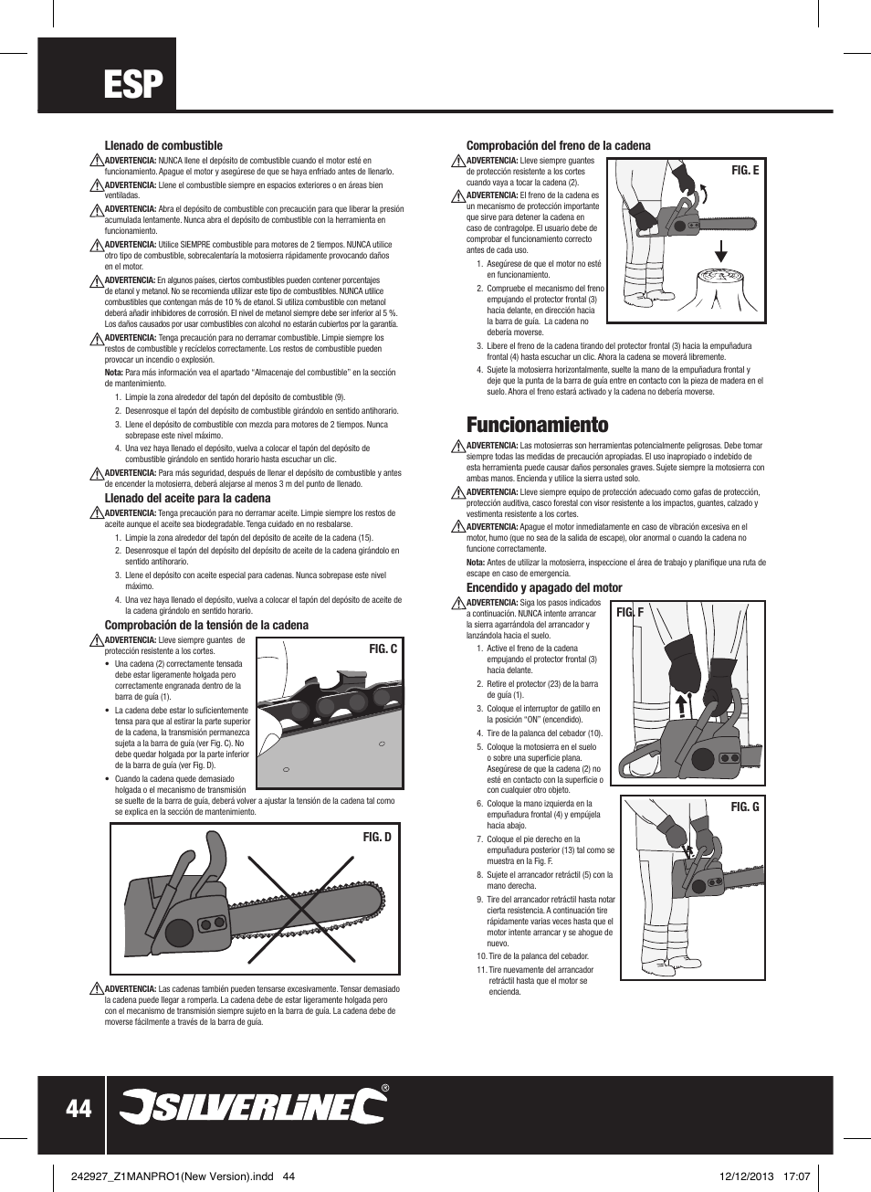 Funcionamiento | Silverline 45cc Petrol Chainsaw User Manual | Page 45 / 76