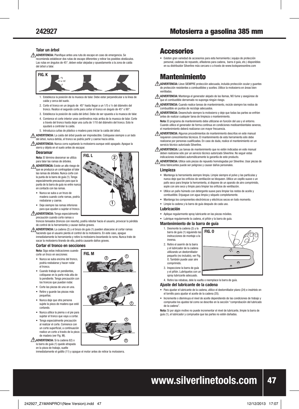 Accesorios, Mantenimiento | Silverline 45cc Petrol Chainsaw User Manual | Page 48 / 76