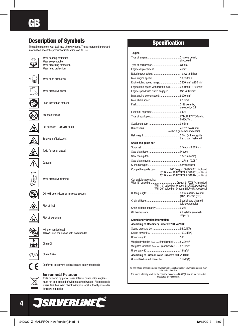 Description of symbols, Specification | Silverline 45cc Petrol Chainsaw User Manual | Page 5 / 76