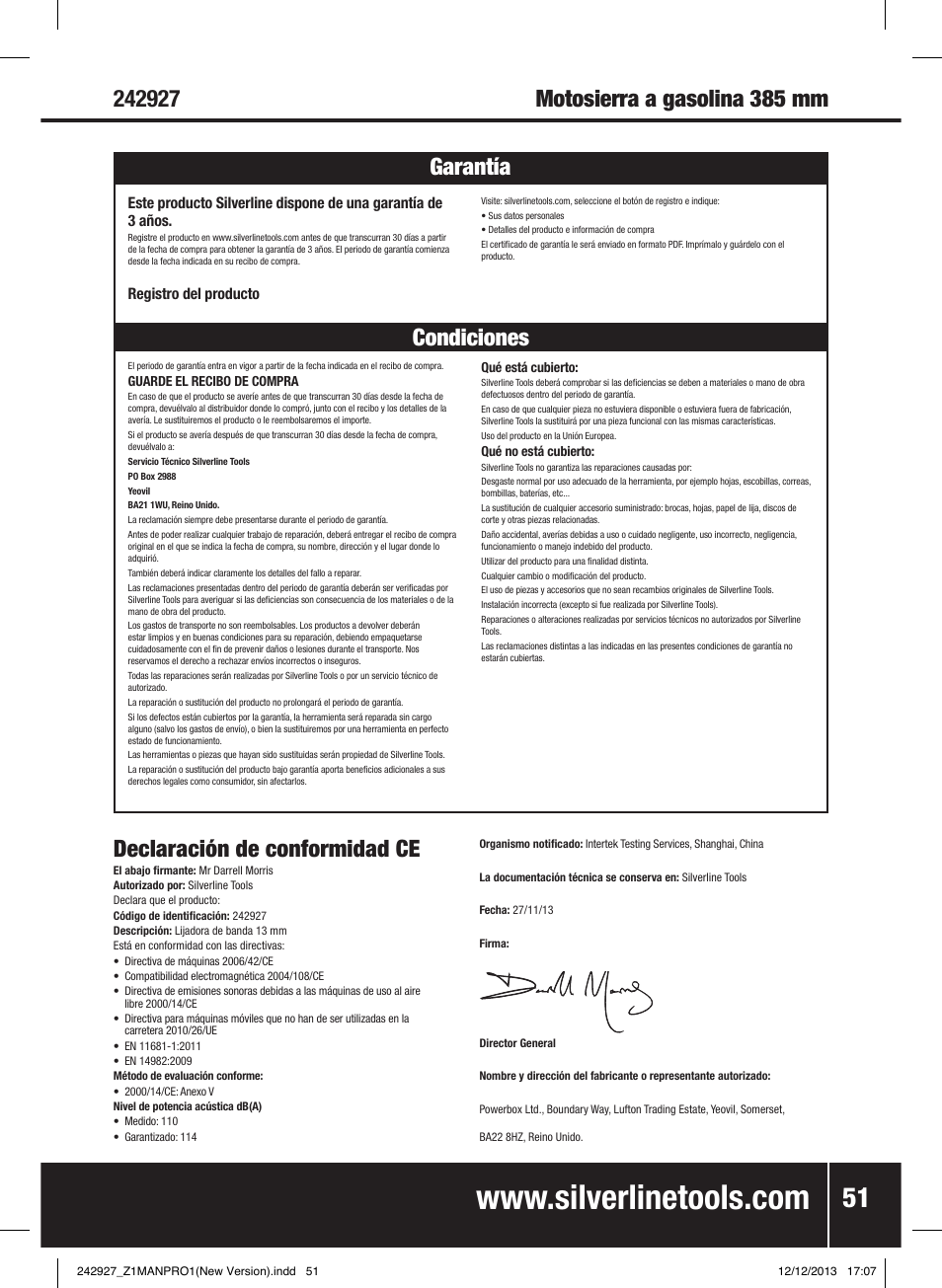 Declaración de conformidad ce | Silverline 45cc Petrol Chainsaw User Manual | Page 52 / 76