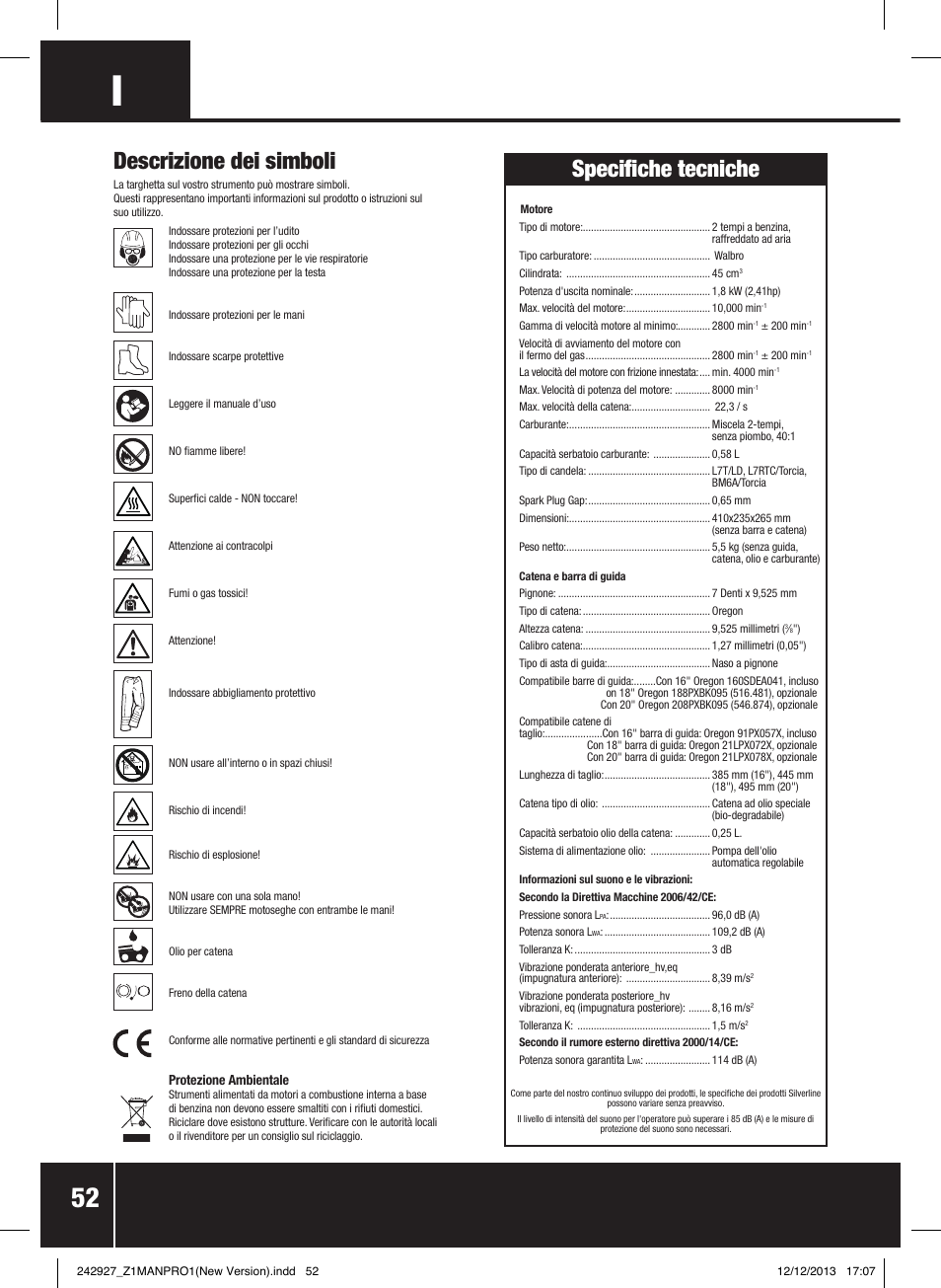 Descrizione dei simboli, Specifiche tecniche | Silverline 45cc Petrol Chainsaw User Manual | Page 53 / 76