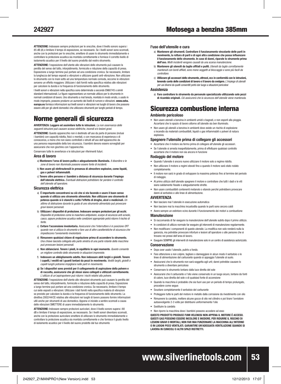 Norme generali di sicurezza, Sicurezza combustione interna | Silverline 45cc Petrol Chainsaw User Manual | Page 54 / 76