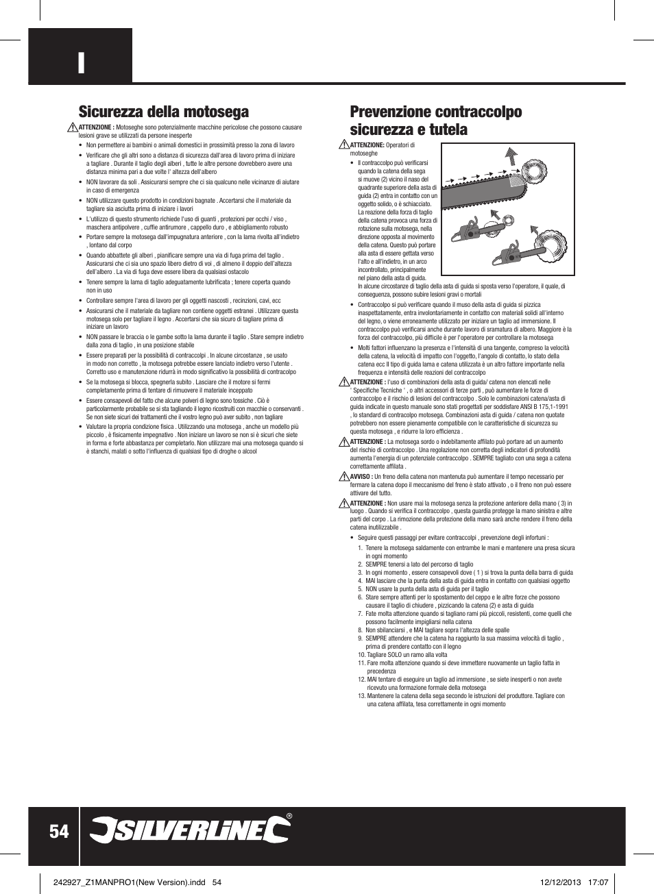 Sicurezza della motosega, Prevenzione contraccolpo sicurezza e tutela | Silverline 45cc Petrol Chainsaw User Manual | Page 55 / 76