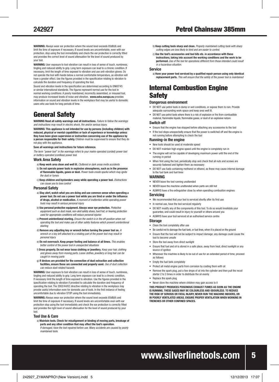 General safety, Internal combustion engine safety | Silverline 45cc Petrol Chainsaw User Manual | Page 6 / 76