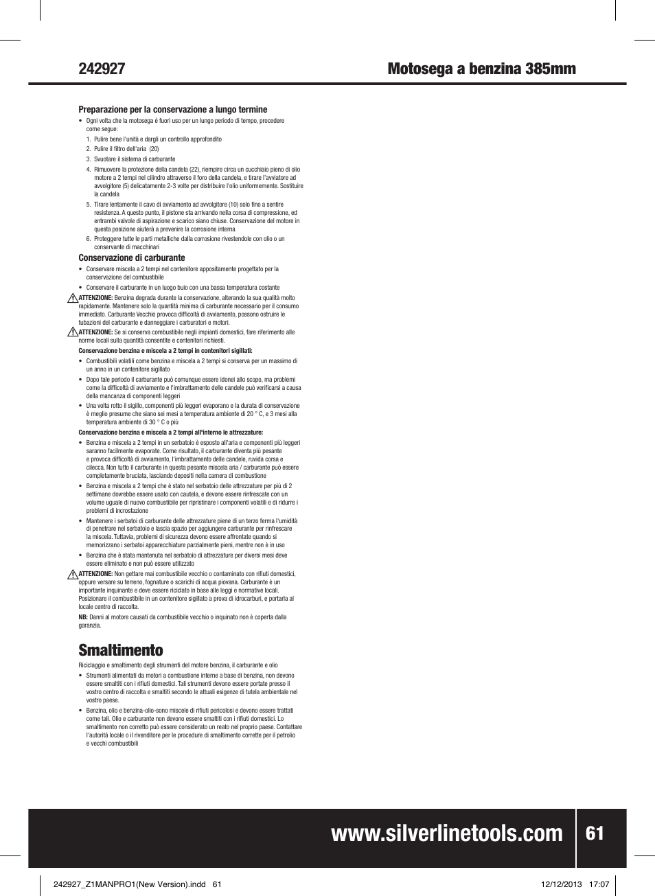 Smaltimento | Silverline 45cc Petrol Chainsaw User Manual | Page 62 / 76