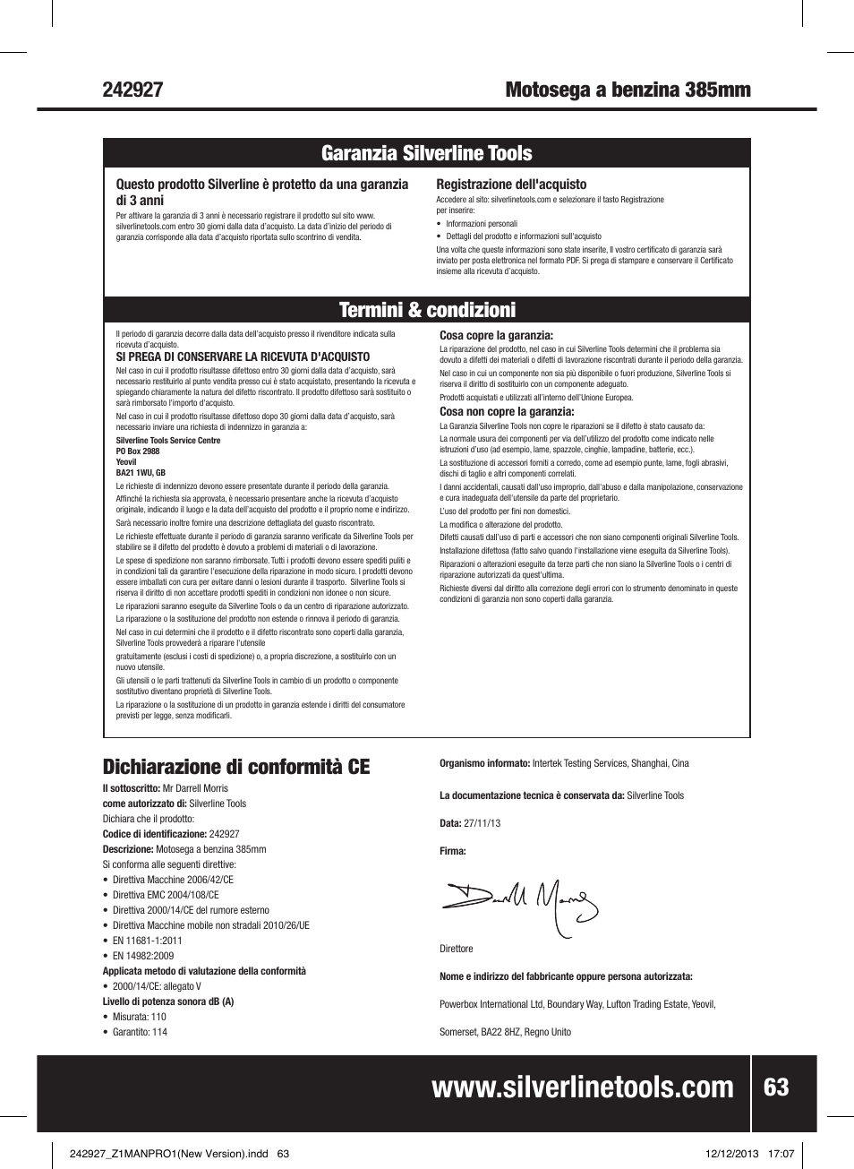 Dichiarazione di conformità ce | Silverline 45cc Petrol Chainsaw User Manual | Page 64 / 76