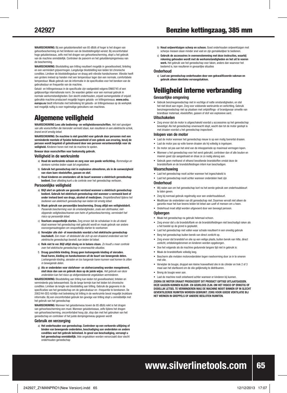 Algemene veiligheid, Veiligheid interne verbranding | Silverline 45cc Petrol Chainsaw User Manual | Page 66 / 76