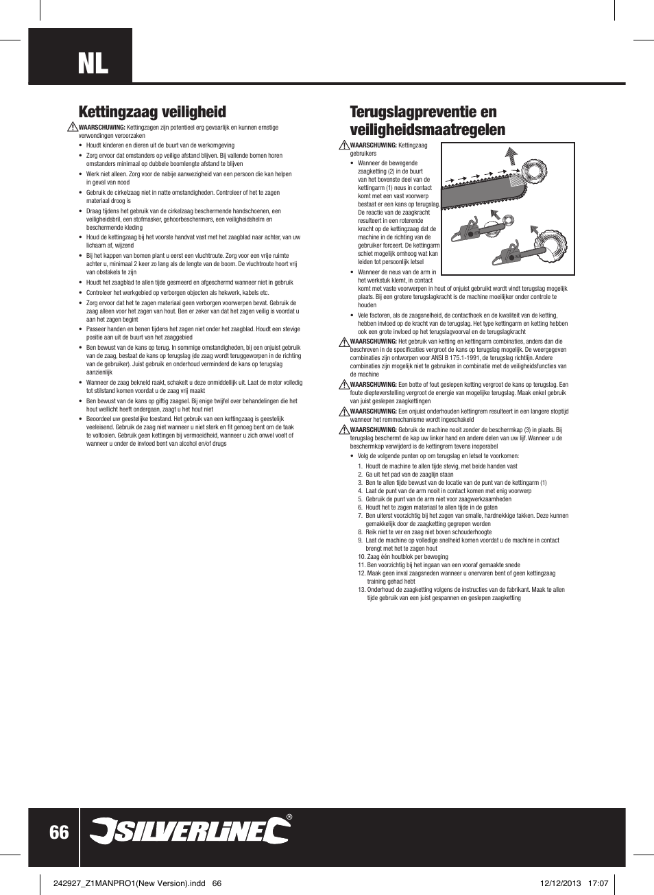 Terugslagpreventie en veiligheidsmaatregelen, Kettingzaag veiligheid | Silverline 45cc Petrol Chainsaw User Manual | Page 67 / 76