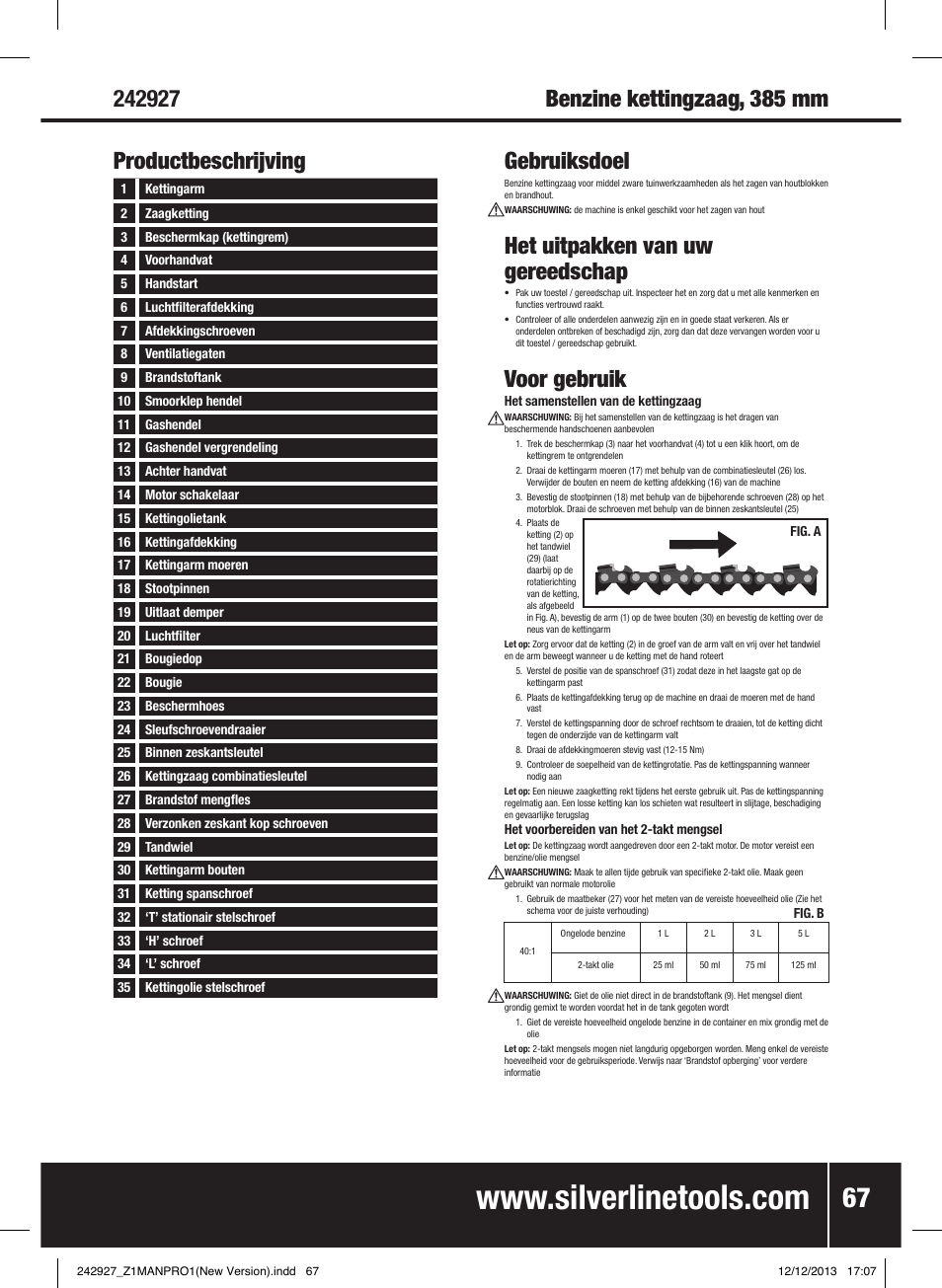 Het uitpakken van uw gereedschap, Voor gebruik, Productbeschrijving | Silverline 45cc Petrol Chainsaw User Manual | Page 68 / 76