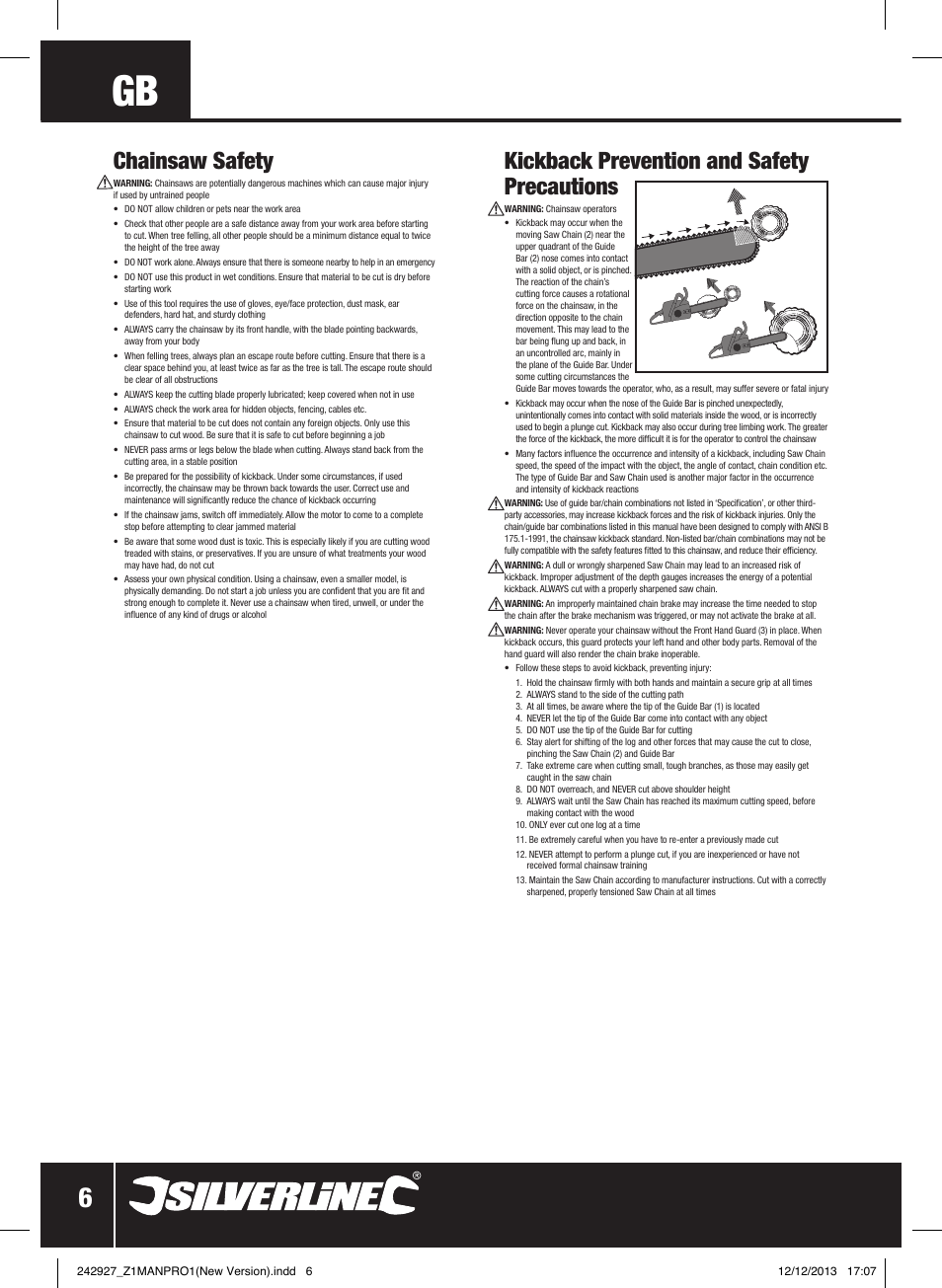 Kickback prevention and safety precautions, Chainsaw safety | Silverline 45cc Petrol Chainsaw User Manual | Page 7 / 76